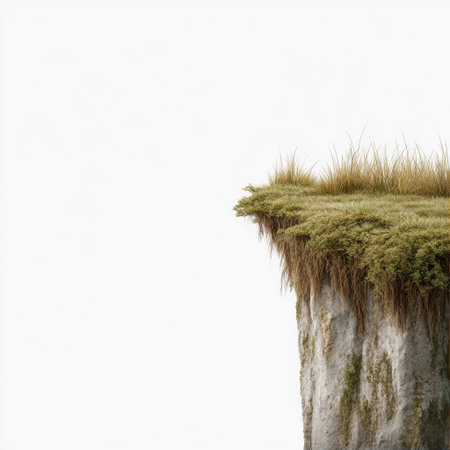 A serene view of a grassy cliff overlooking a fog-filled valley. This tranquil landscape captures the essence of nature's beauty, perfect for art and photography.の素材