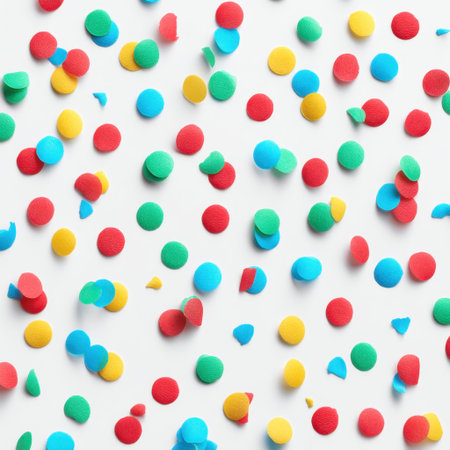 Bright and vibrant confetti shapes scatter across a clean white background, perfect for party themes, celebrations, and joyful events, adding a festive touch.の素材