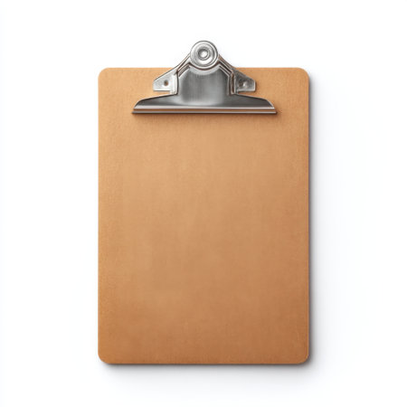 A blank clipboard on a smooth white background, perfect for taking notes or organizing information. Ideal for school projects, office tasks, or creative endeavors.の素材