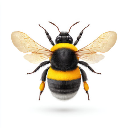 A vibrant illustration of a bumblebee in mid-flight showcases its intricate details, highlighting the beauty of nature and the importance of pollinators in ecosystems.の素材