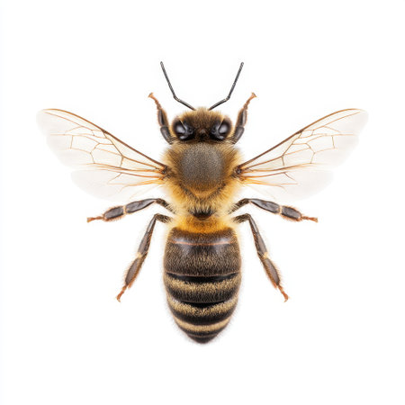 A detailed close-up image of a honey bee showcasing its unique anatomy against a stark white background, highlighting its role as an essential pollinator in nature.の素材