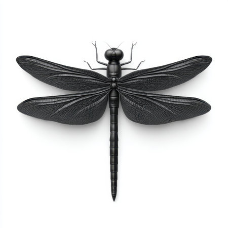 Stunning black dragonfly featuring detailed wing patterns and intricate body texture, perfect for nature-themed projects or artistic designs.の素材
