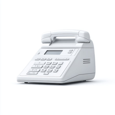 This image features a modern white desk telephone with a numeric keypad, showcasing a minimalist design ideal for office environments and efficient communication.の素材