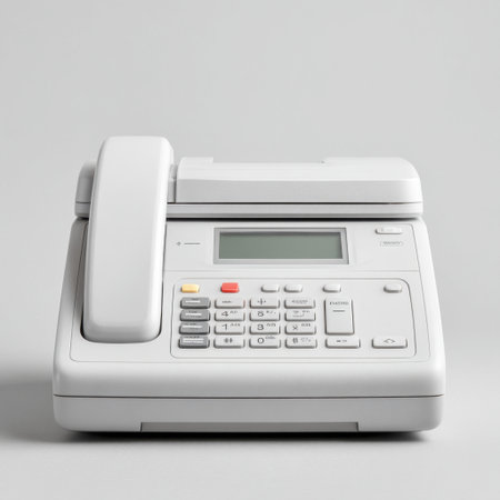 A sleek white fax machine sits on a light gray background, showcasing its user-friendly design, various buttons, and an LCD screen for efficient communication solutions.の素材
