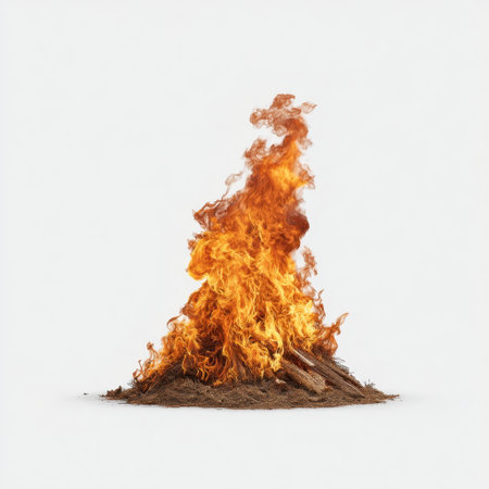 A vibrant display of flames rising from a wood pile, creating a dynamic visual of heat and light. This image captures the beauty and intensity of fire against a minimalist backdrop.の素材