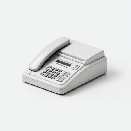 A sleek and modern white fax machine positioned on a subtle gray backdrop, showcasing its efficient design for professional communication and document management.の素材