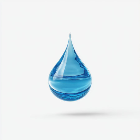 A stunning transparent blue water droplet captured in mid-air, showcasing reflections and shadows. Ideal for designs focused on hydration, purity, and nature.の素材