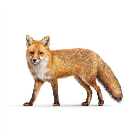 A stunning illustration of a red fox in a standing pose, showcasing its beautiful fur texture and alert expression against a plain background.の素材
