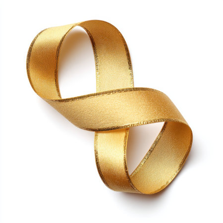 A stunning golden ribbon twisting elegantly against a pure white background, ideal for various crafting projects, gift wrapping, and festive decorations for special occasions.の素材