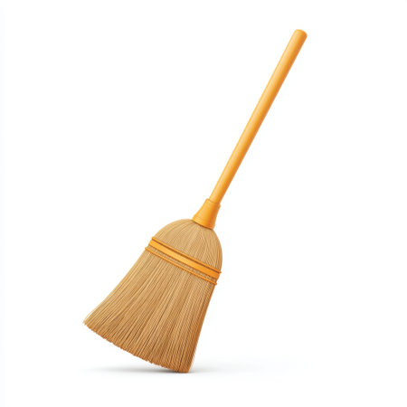 A vibrant orange broom with a wooden handle, ideal for cleaning tasks. This tool represents simplicity and effectiveness in maintaining cleanliness around the home.の素材
