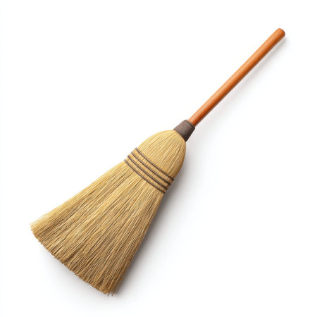 This image features a natural straw broom with a wooden handle, perfect for cleaning and housekeeping. Ideal for minimalistic aesthetics and home organization.の素材