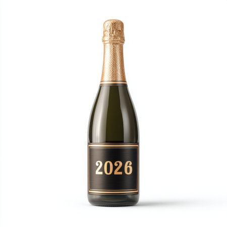 This elegant champagne bottle, dressed with a golden foil cap, highlights the year 2026, ideal for celebratory moments and festive gatherings in a stylish setting.の素材