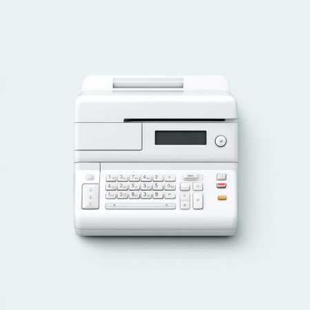 This minimalist white fax machine is placed against a soft blue background, perfect for showcasing modern office technology and enhancing communication efficiency.の素材