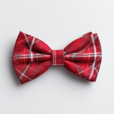A vibrant red plaid bow tie featuring a classic checkered design, perfect for enhancing your formal wear for weddings, parties, and special occasions with style.の素材