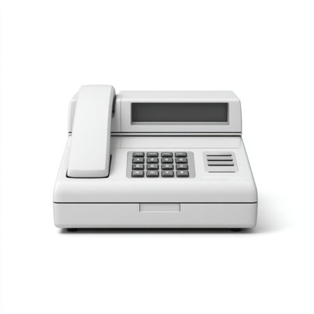 Stylish classic white telephone featuring a numeric keypad and clear display screen, ideal for both home and office settings. Perfect for minimalist decor.の素材