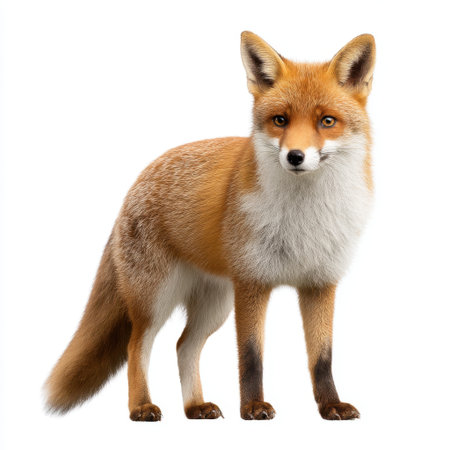 This striking image captures a red fox standing elegantly with its vibrant fur and keen gaze, perfect for nature photography, wildlife enthusiasts, and educational content.の素材