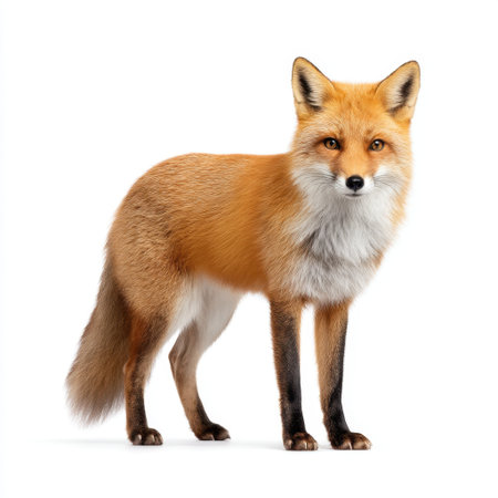 A captivating image showcasing a red fox, known for its striking orange fur and keen expression, perfectly posed against a clean white backdrop.の素材