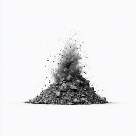 Captivating image depicting a dynamic dust explosion from a pile of gray dirt particles against a clean white background, illustrating motion and environmental energy.の素材