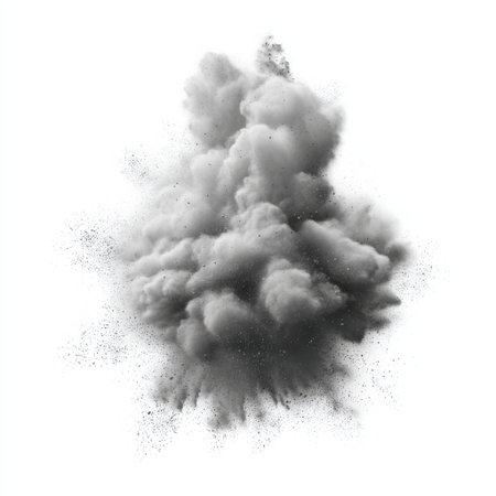 This striking image features a dense black smoke cloud billowing against a stark white background, creating a powerful visual impact with dynamic textures and shapes.の素材
