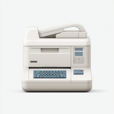A vintage document copier featuring a keyboard and control panel, set against a clean white background, ideal for depicting retro office technology and equipment.の素材