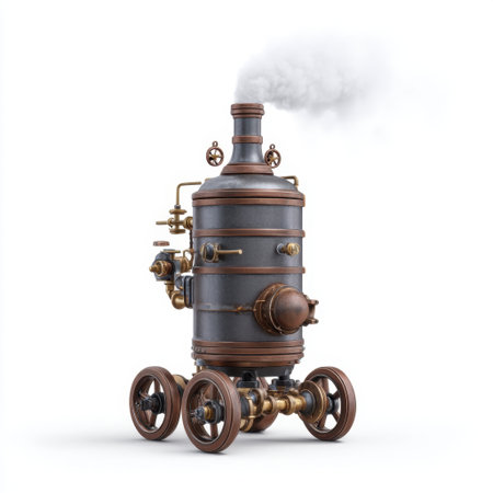 This vintage steam engine model features a metallic body, intricate piping, and whimsical design elements, making it a perfect piece for collectors and enthusiasts.の素材