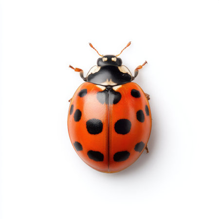 This stunning close-up image features a ladybug showcasing its vibrant red body adorned with distinctive black spots, emphasizing its beauty and detail.の素材