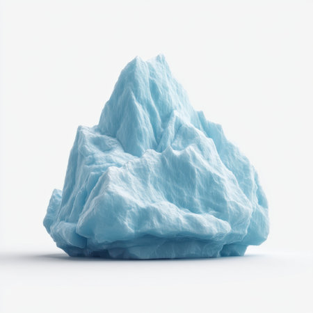 A striking iceberg featuring a vibrant blue hue stands in a minimalist style against a white background, capturing the beauty and fragility of natural ice formations.の素材