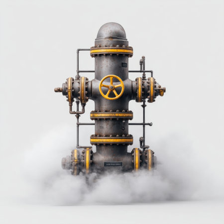 This image depicts an industrial steam pipe with a prominent yellow valve, surrounded by mist, creating a dynamic visual suitable for engineering and machinery themes.の素材