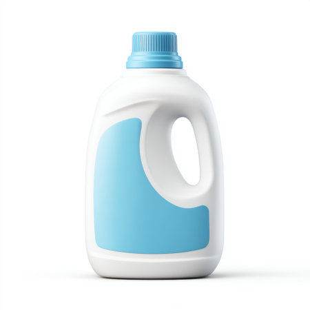 A clean and modern liquid detergent bottle features a minimalist design with a blue accent. Perfect for showcasing cleaning solutions in household settings.の素材