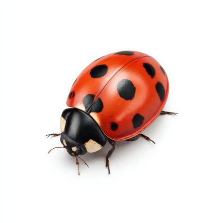 A stunning close-up of a red ladybug with distinct black spots, highlighting its beauty and unique features against a spotless white backdrop. Perfect for nature lovers.の素材