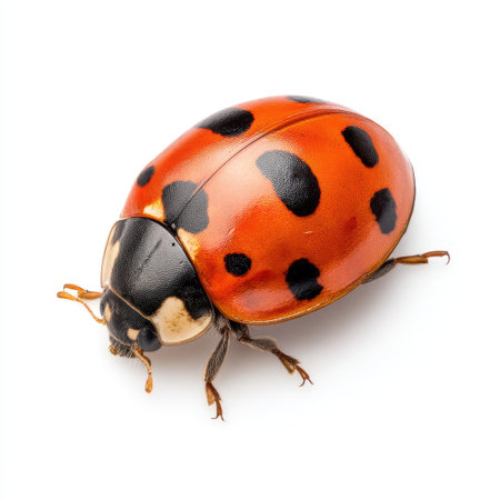 A vibrant close-up of a ladybug displaying its striking orange and black spotted shell against a clean white backdrop, showcasing nature intricate details.の素材