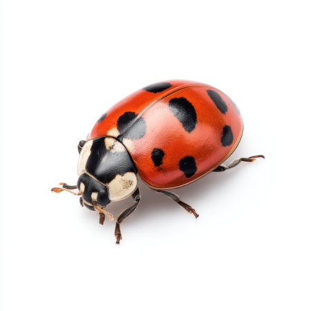 This vibrant close-up image showcases a ladybug, highlighting its striking red body and distinct black spots. A beautiful representation of nature's intricacies.の素材