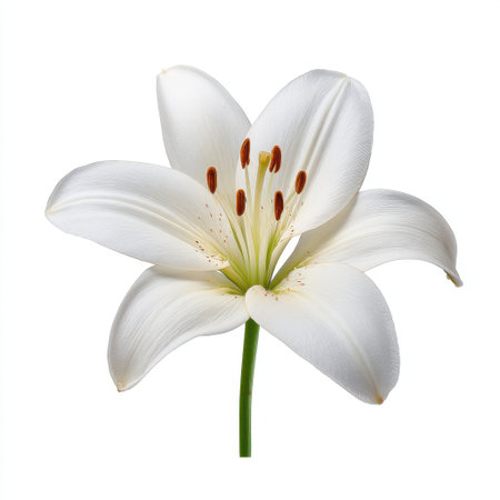 A stunning close-up of an elegant white lily flower showcasing its delicate petals and distinctive stamens, ideal for nature-themed projects and floral designs.の素材