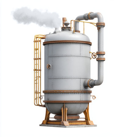 This image showcases a robust industrial pressure vessel with pipes and smoke. Ideal for themes related to engineering, manufacturing, and industrial technology.の素材