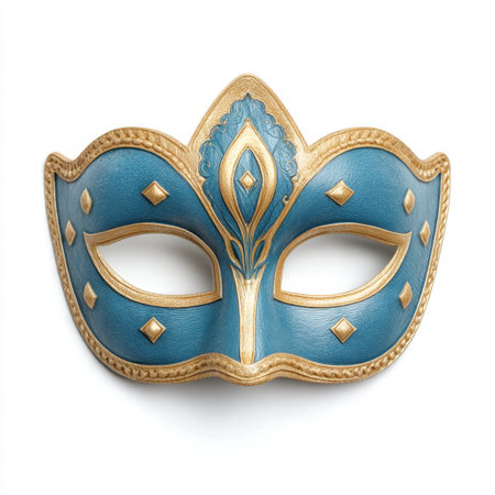 A striking Venetian mask featuring intricate blue and gold details, perfect for adding elegance and mystery to any festive celebration or masquerade event.の素材
