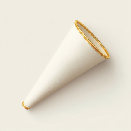 A sophisticated cream-colored paper horn with a shiny golden rim, perfect for adding a touch of elegance to any festive event or celebration. Ideal for capturing joyful moments.の素材