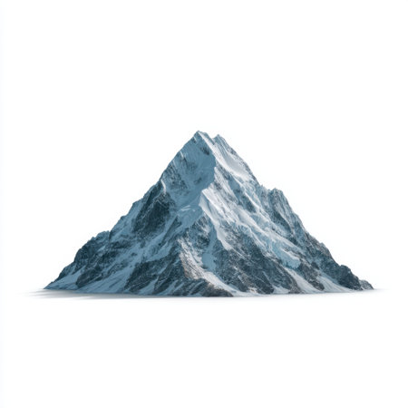 A stunning snow-covered mountain peak stands alone against a bright white background, symbolizing natural beauty and allure in the great outdoors.の素材
