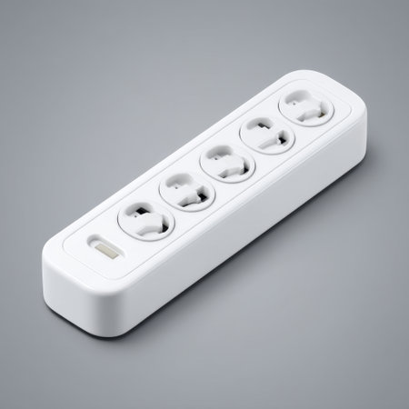 A white power strip featuring multiple outlets and USB charging options, ideal for home and office environments. Perfect for safe and efficient device connections.の素材
