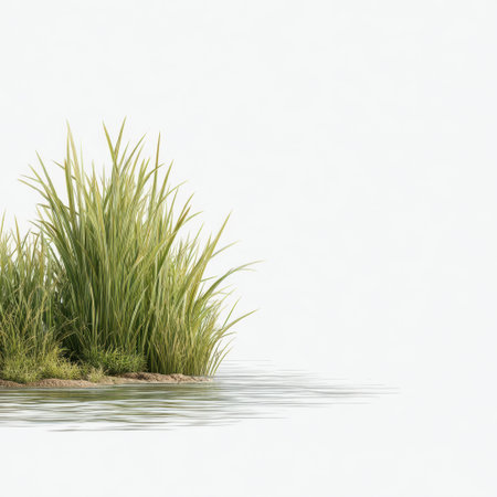 This image showcases vibrant green grass surrounded by calm water, creating a serene atmosphere ideal for nature lovers and eco-friendly projects emphasizing tranquility.の素材