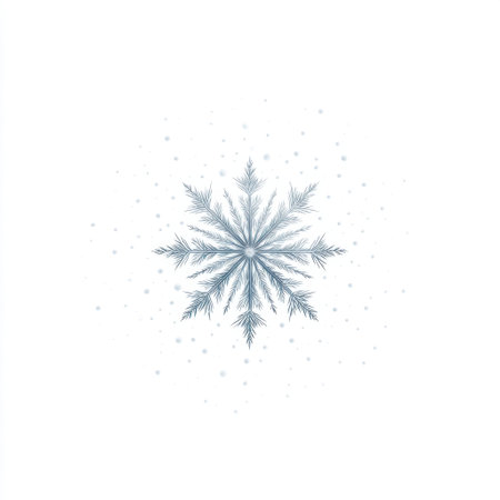 This image features a stunning, detailed snowflake design in soft blue tones against a white background, representing the calm and beauty of winter landscapes.の素材