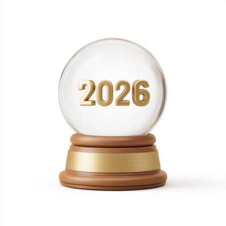 A crystal ball featuring the year 2026 in bold golden numbers atop a wooden base. This image embodies themes of foresight and aspirations for a bright future ahead.の素材