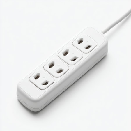 A sleek white power strip with four outlets and a single cord, perfect for efficiently powering multiple devices at home or in the office while ensuring safe connectivity.の素材