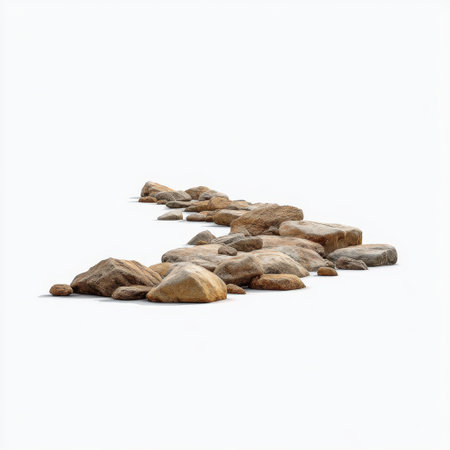 A serene arrangement of rocks creating a natural pathway on a white background. Ideal for minimalistic designs and nature-inspired projects emphasizing simplicity and beauty.の素材