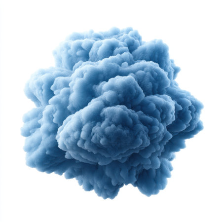 Captivating abstract blue smoke cloud formation against a pure white background, featuring soft textures and organic shapes that inspire creativity and art.の素材