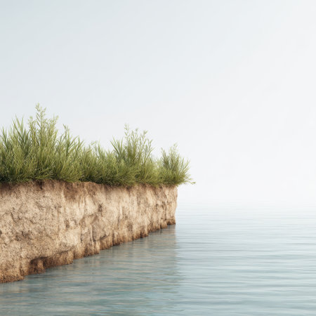 A tranquil island scene featuring vibrant green grass, calm waters, and a soft blue sky. Perfect for conveying peace, relaxation, and natural beauty.の素材