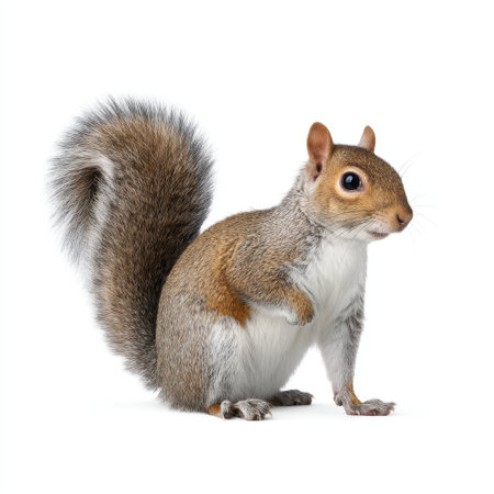Adorable image of a small squirrel standing upright, showcasing its fluffy tail and curious demeanor. Perfect for nature and wildlife enthusiasts or educational content.の素材