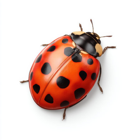 A close-up image of a vibrant ladybug showcasing its striking red shell and distinctive black spots, perfect for nature enthusiasts and educational purposes.の素材