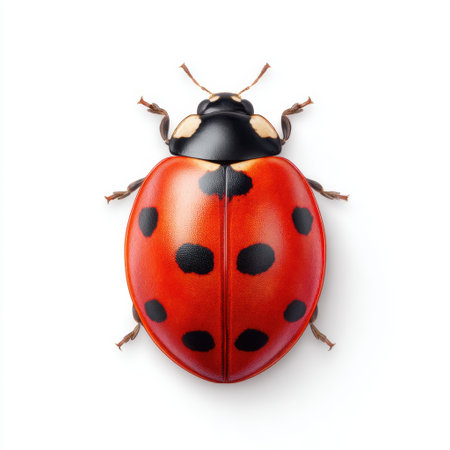 Close-up view of a ladybug showcasing its striking red shell and iconic black spots. This image captures the intricate details and beauty of nature in a minimalistic style.の素材