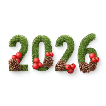 Vibrant representation of the year 2026 formed from fresh greenery, adorned with decorative berries and pinecones, perfect for holiday and New Year celebrations.の素材