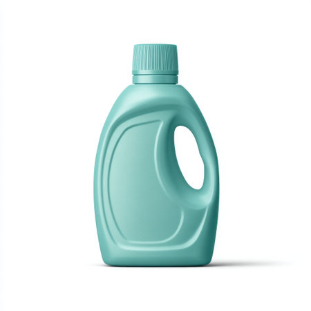 A sleek turquoise liquid detergent bottle with an ergonomic grip. Ideal for household cleaning and laundry tasks, this eco-friendly container combines functionality and modern design.の素材